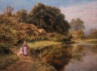 Robert Gallon - A woman and child crossing a bridge by a lake