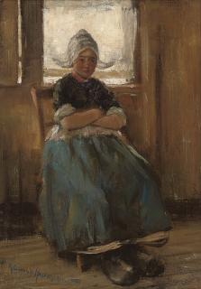Robert Gemmell Hutchison, R.S.A., R.S.W. - A Dutch girl seated in a cottage interior