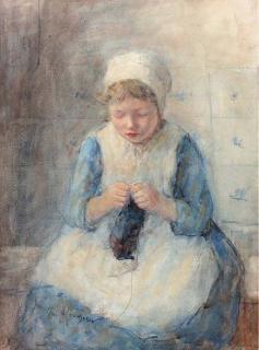 Robert Gemmell Hutchison, R.S.A., R.S.W. - A girl knitting