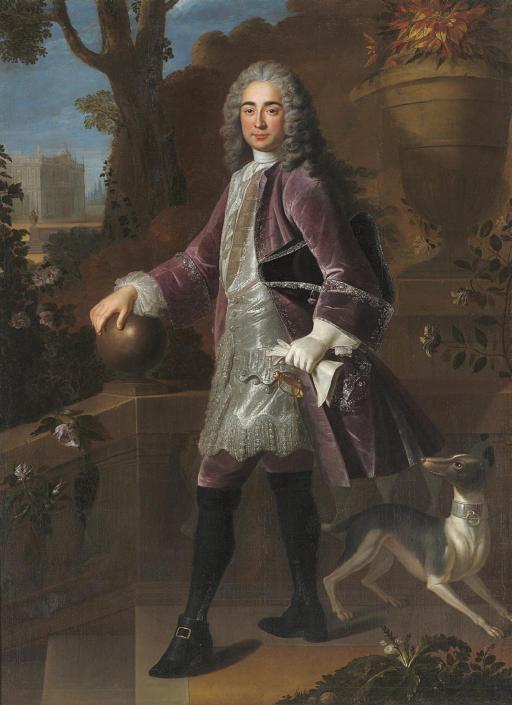 Robert Gence - Portrait of A Gentleman, Said To Be Elie De Beaumont, Standing Full-Length, In A Lavender Velvet Coat, With A Hound, A Landscape Beyond