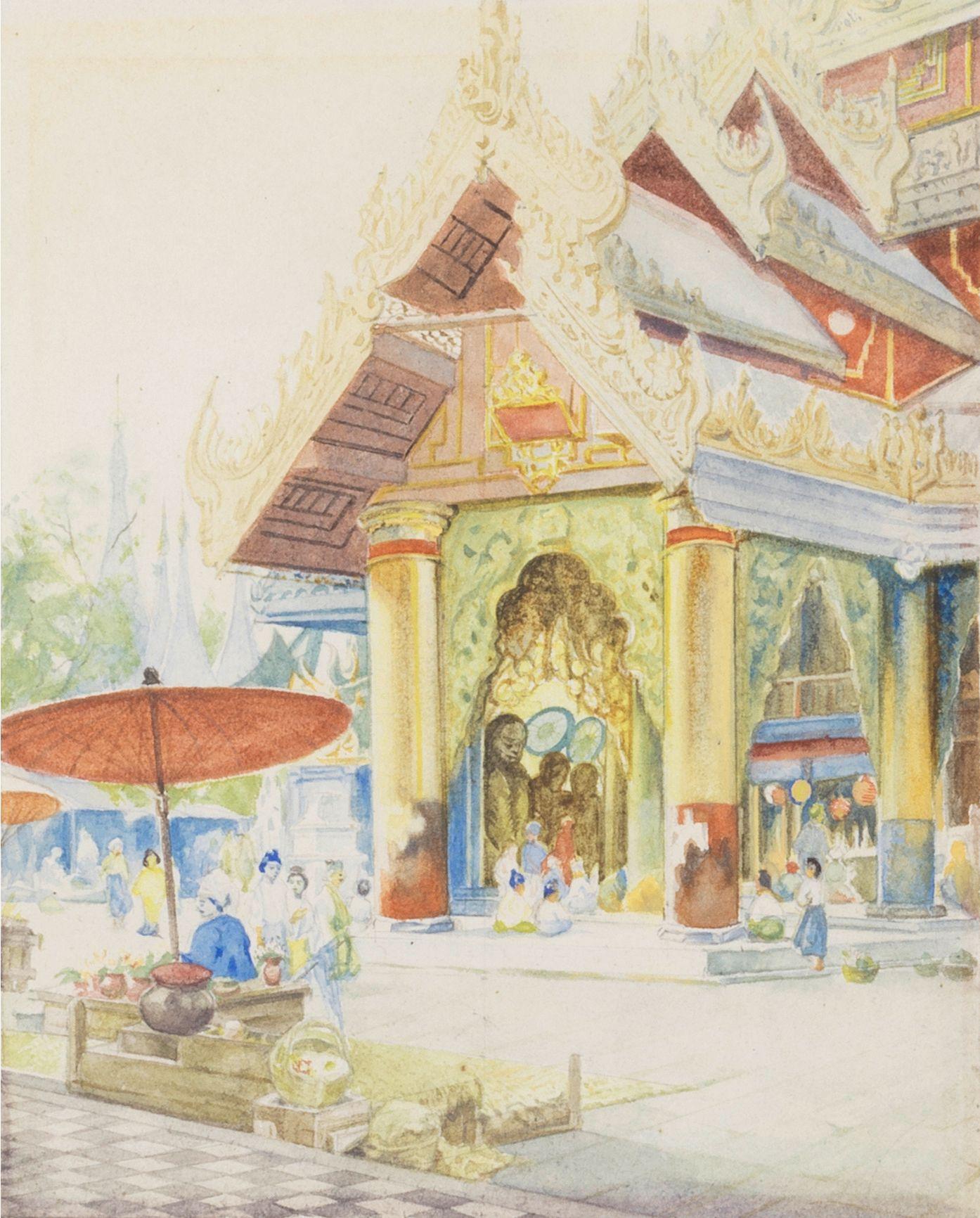 Robert George Talbot Kelly, R.I., R.B.A. - Shrine on the platform of Shwe Dagon Temple, Rangoon; Steps of the Shwe Dagon Pagoda, Rangoon, a set of two.
