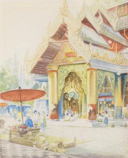 Robert George Talbot Kelly, R.I., R.B.A. - Shrine on the platform of Shwe Dagon Temple, Rangoon; Steps of the Shwe Dagon Pagoda, Rangoon, a set of two.