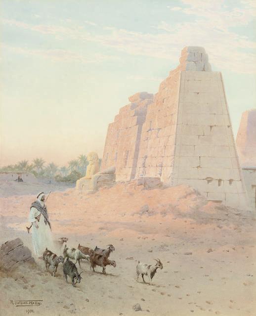 Robert George Talbot Kelly, R.I. - An arab bedouin with his flock of goats before a Pylon at Karnak