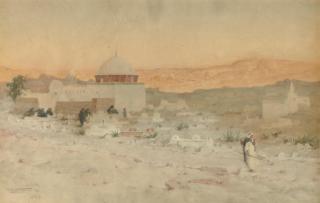 Robert George Talbot Kelly, R.I. - Arabs before a desert mosque at dusk