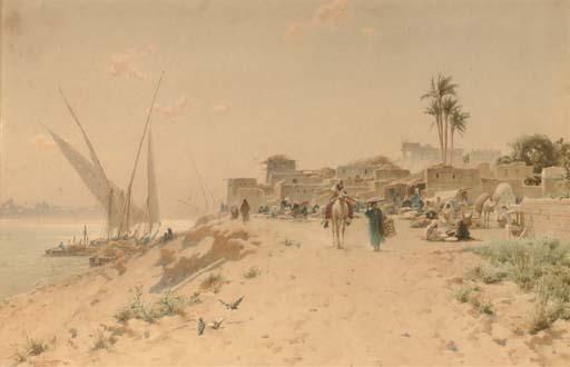 Robert George Talbot Kelly, R.I. - Feluccas unloading before a settlement on the edge of the Nile