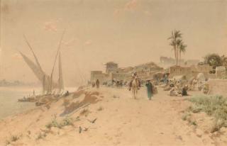 Robert George Talbot Kelly, R.I. - Feluccas unloading before a settlement on the edge of the Nile