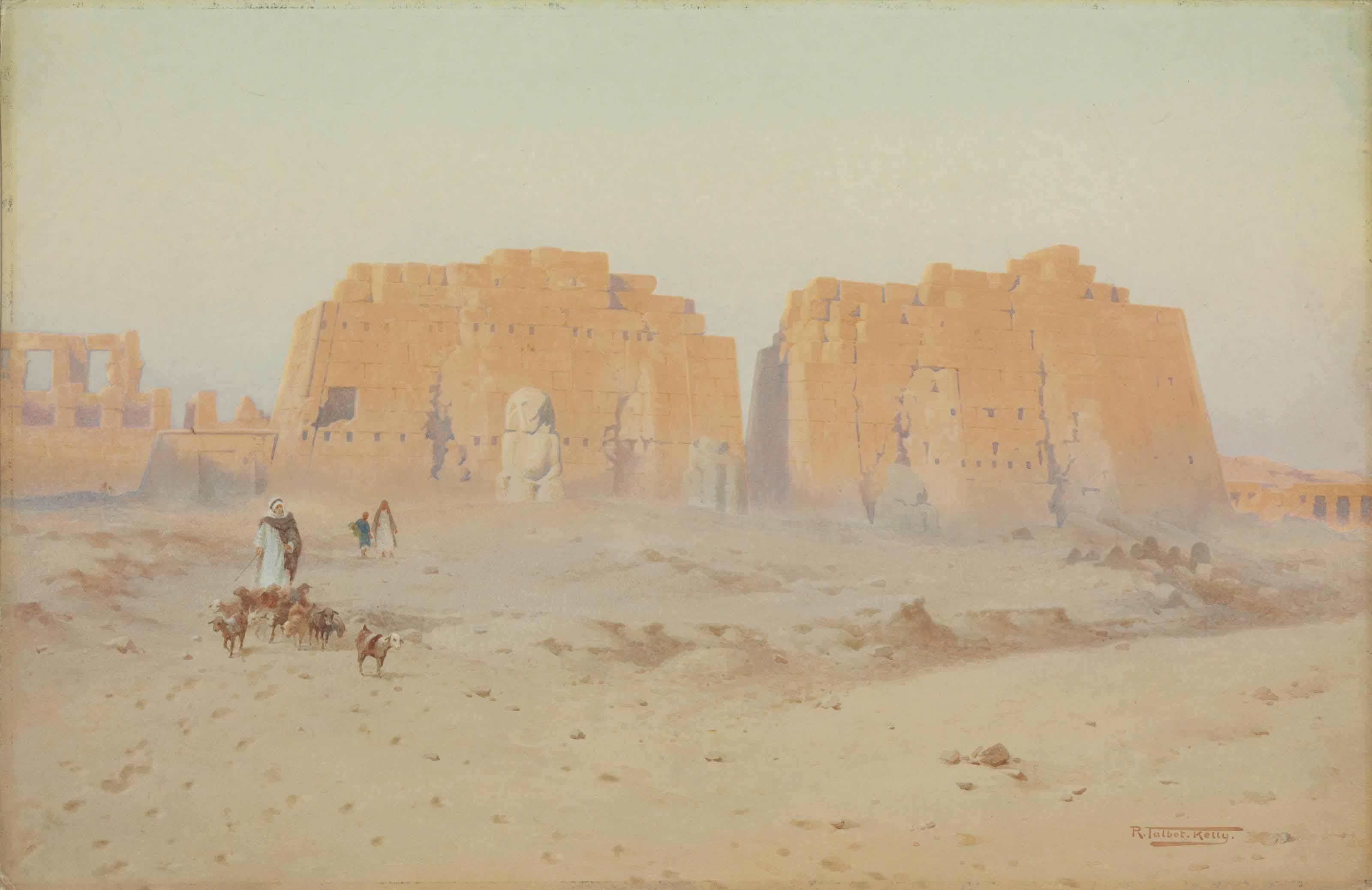Robert George Talbot Kelly - A Shepherd And His Flock In Front Of Egyptian Ruins