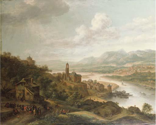 Robert Griffier - A Rhenish river landscape, with peasants dancing before an inn, a village with a church and shipping beyond