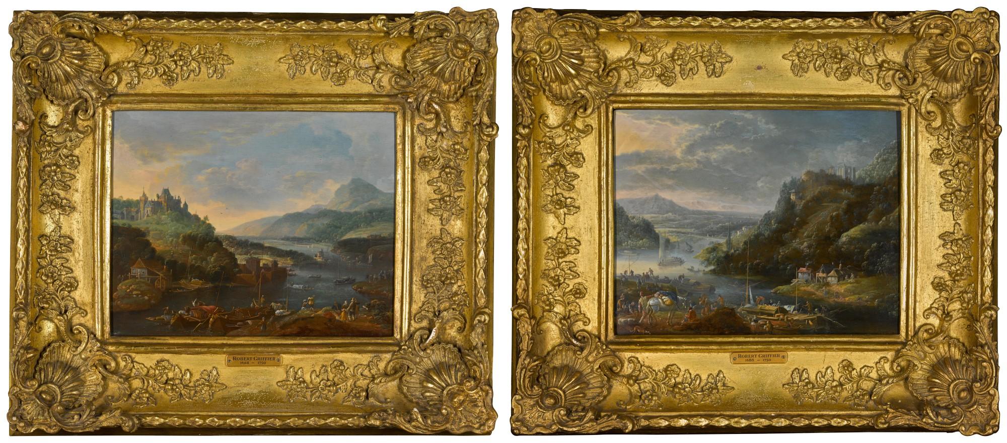 Robert Griffier - A view of the Rhine with a large castle on a hill; A view of the Rhine with travellers and a pack mule on a path