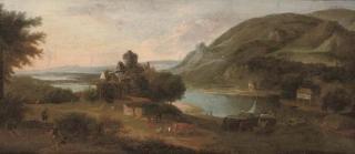 Robert Griffier - An extensive river landscape with a barge, figures, livestock and a ruined castle