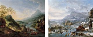Robert Griffier - Summer: An Extensive Rhenish Landscape With Boats At A Quayside And Peasants By An Inn; And Winter: A Frozen Winter Landscape With Peasants