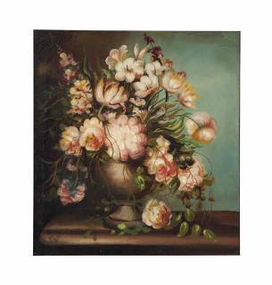 Robert Harris - Still life with peonies in a vase on a stone ledge