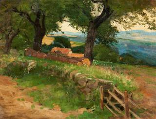 Robert Hermann Sterl - Feldsteinmauer vor hessischer Landschaft.