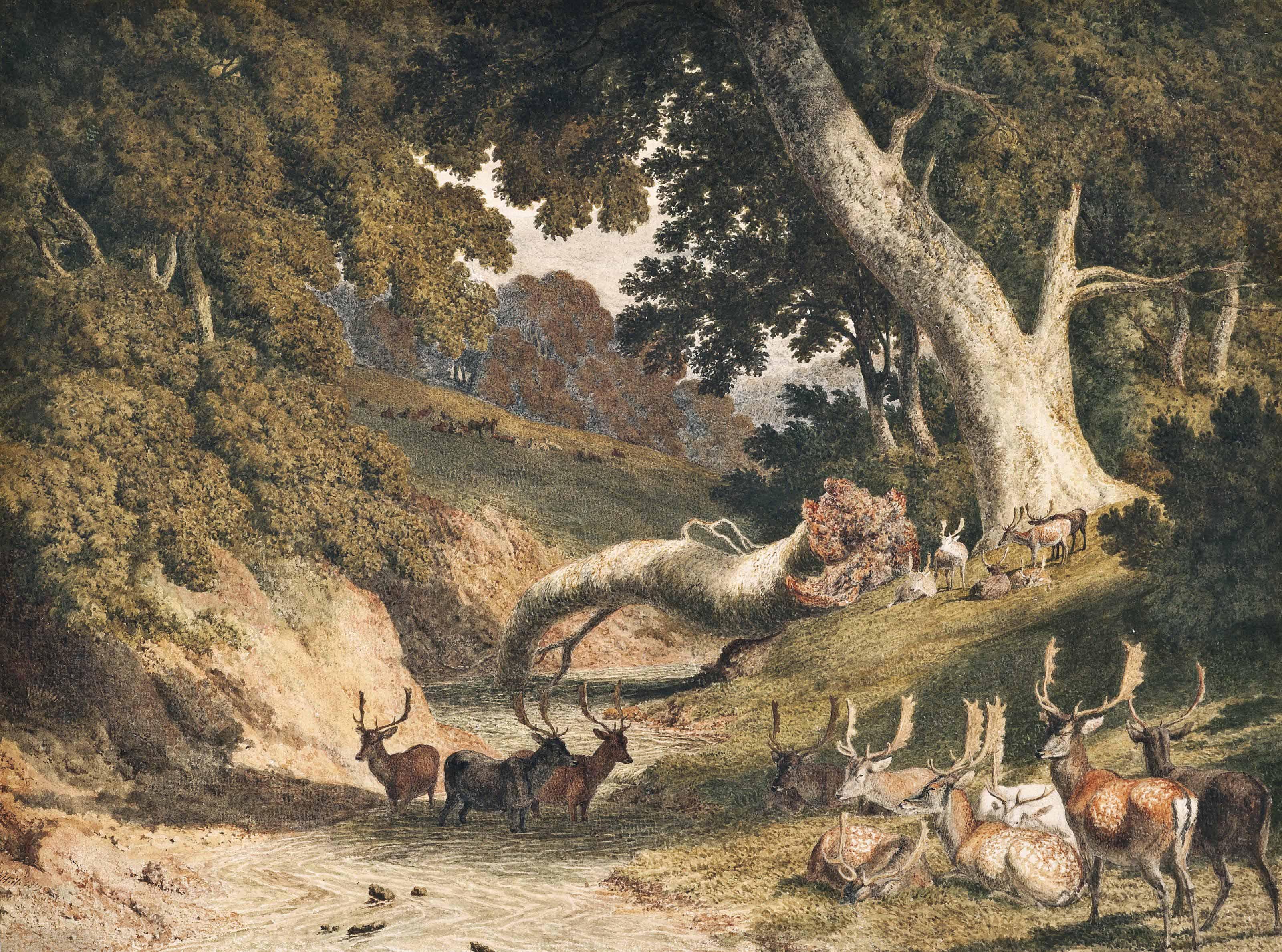 Robert Hills, O.W.S. - Stags And Hinds In A Park By A River