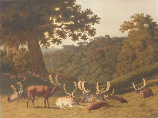 Robert Hills, O.W.S. - Stags and hinds resting in a parkland landscape