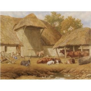 Robert Hills - Cattle Resting Beside Farm Buildings 