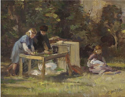 Robert Hope, R.S.A. - Feeding the rabbits
