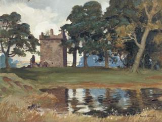 Robert Houston, R.S.W. - Landscape with ruined castle by a loch