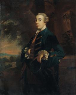 Robert Hunter - Portrait of the James FitzGerald (1722-1773), 20th Earl of Kildare, later 1st Duke of Leinster, three-quarter-length, in a blue coat with gold trim and brown waistcoat, holding a tricorn hat in his left hand, a landscape beyond