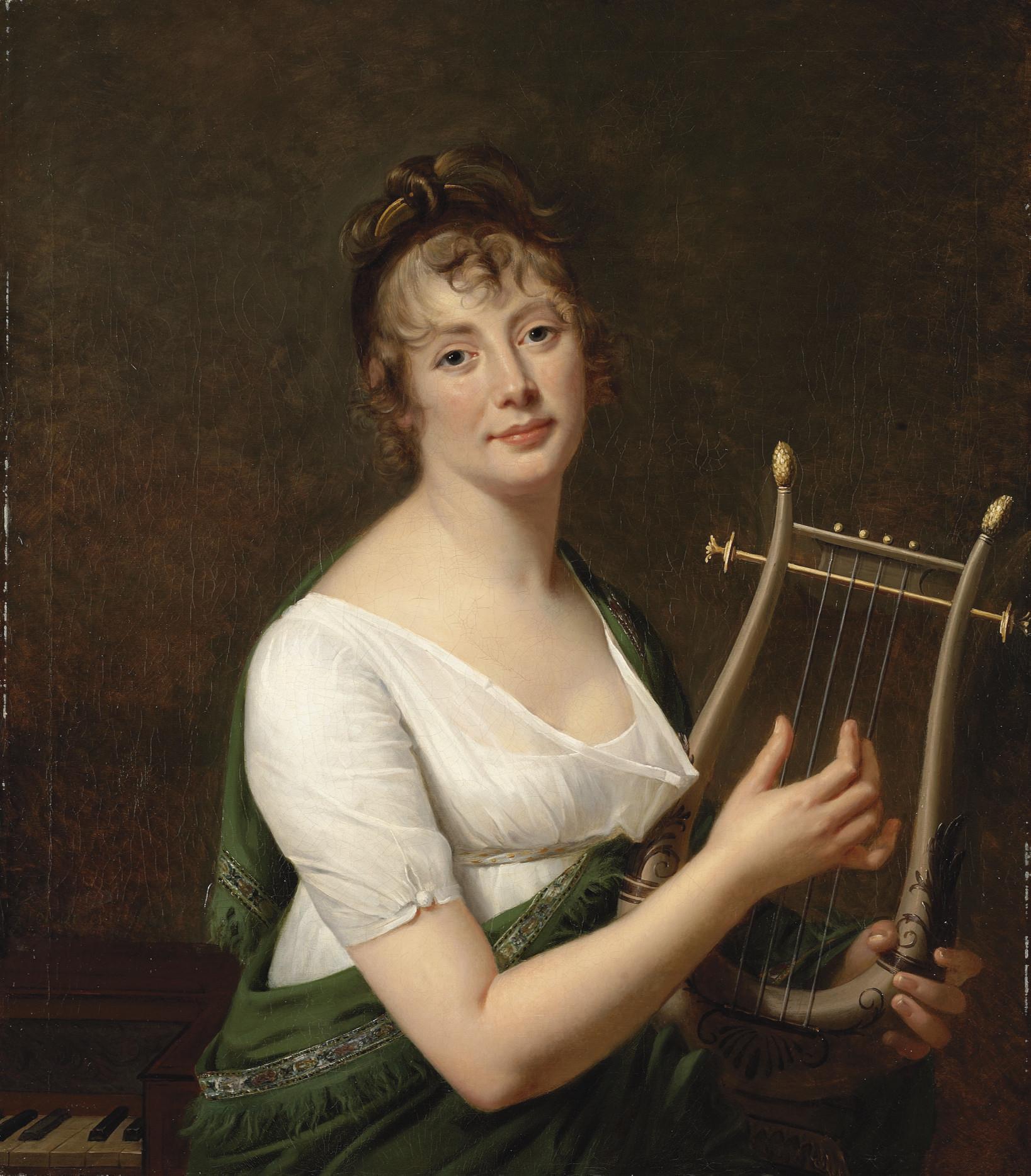Robert-Jacques-François Lefevre - Portrait of a lady, half-length, seated at a piano, in a green mantle à la grecque, holding a harp