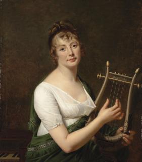 Robert-Jacques-François Lefevre - Portrait of a lady, half-length, seated at a piano, in a green mantle à la grecque, holding a harp