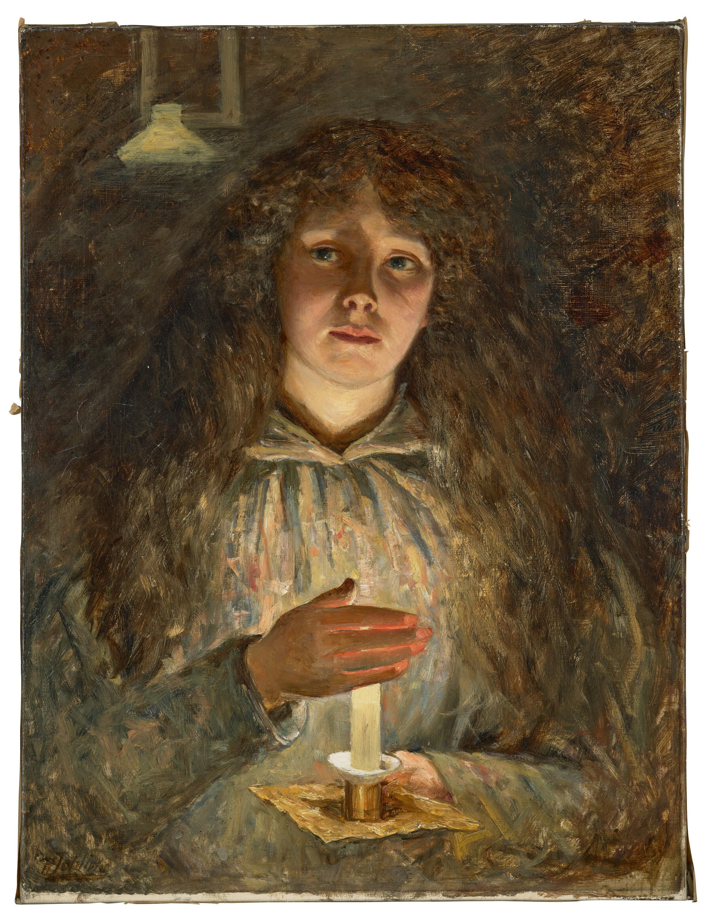 Robert Jobling - Portrait of Annie, the artist\'s wife, holding a candle