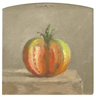 Robert Kulicke - Half-Green Tomato with Slice Removed on Grey Background