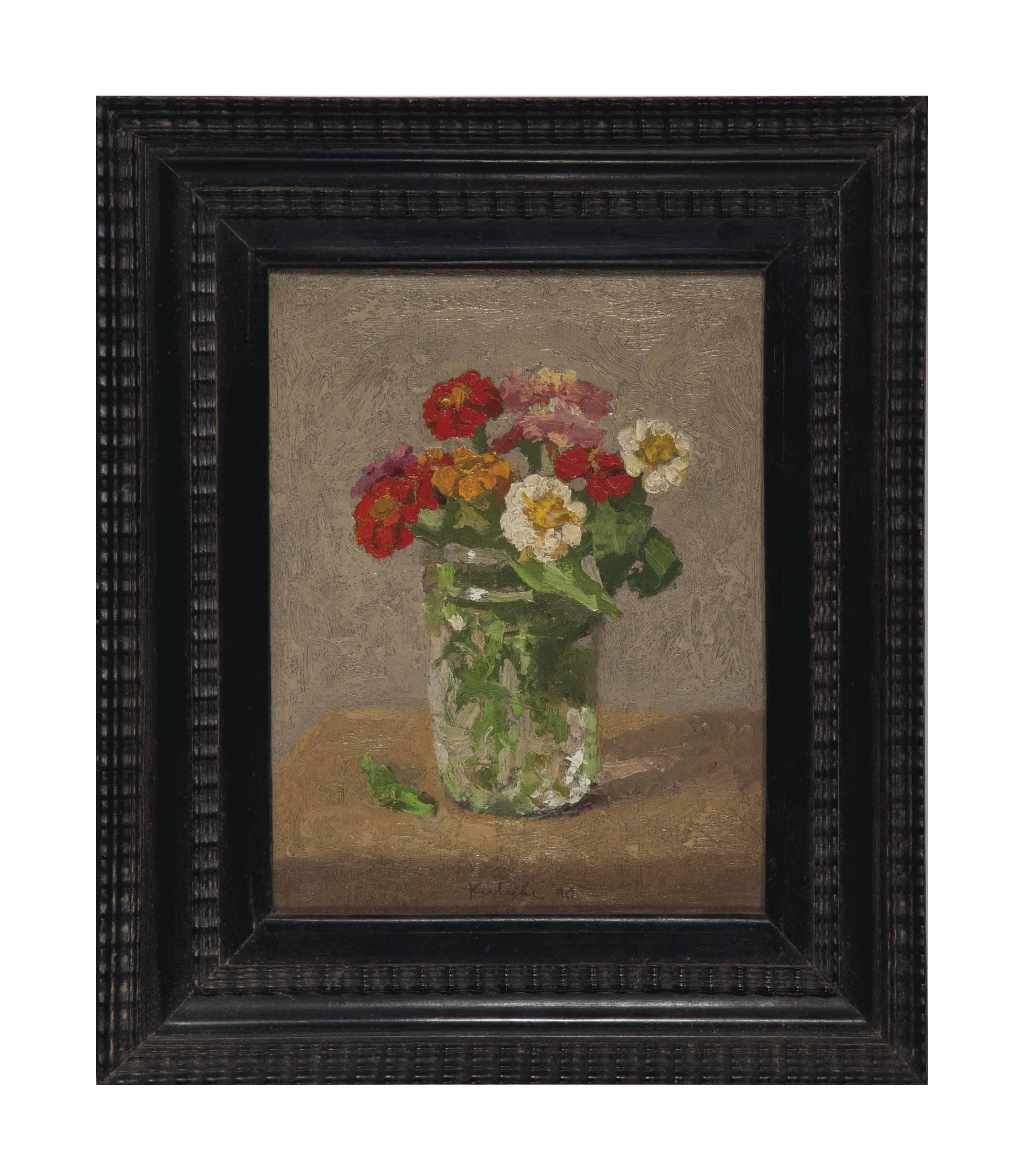 Robert Kulicke - Zinnias In A Glass Jar On A Light Grey Background