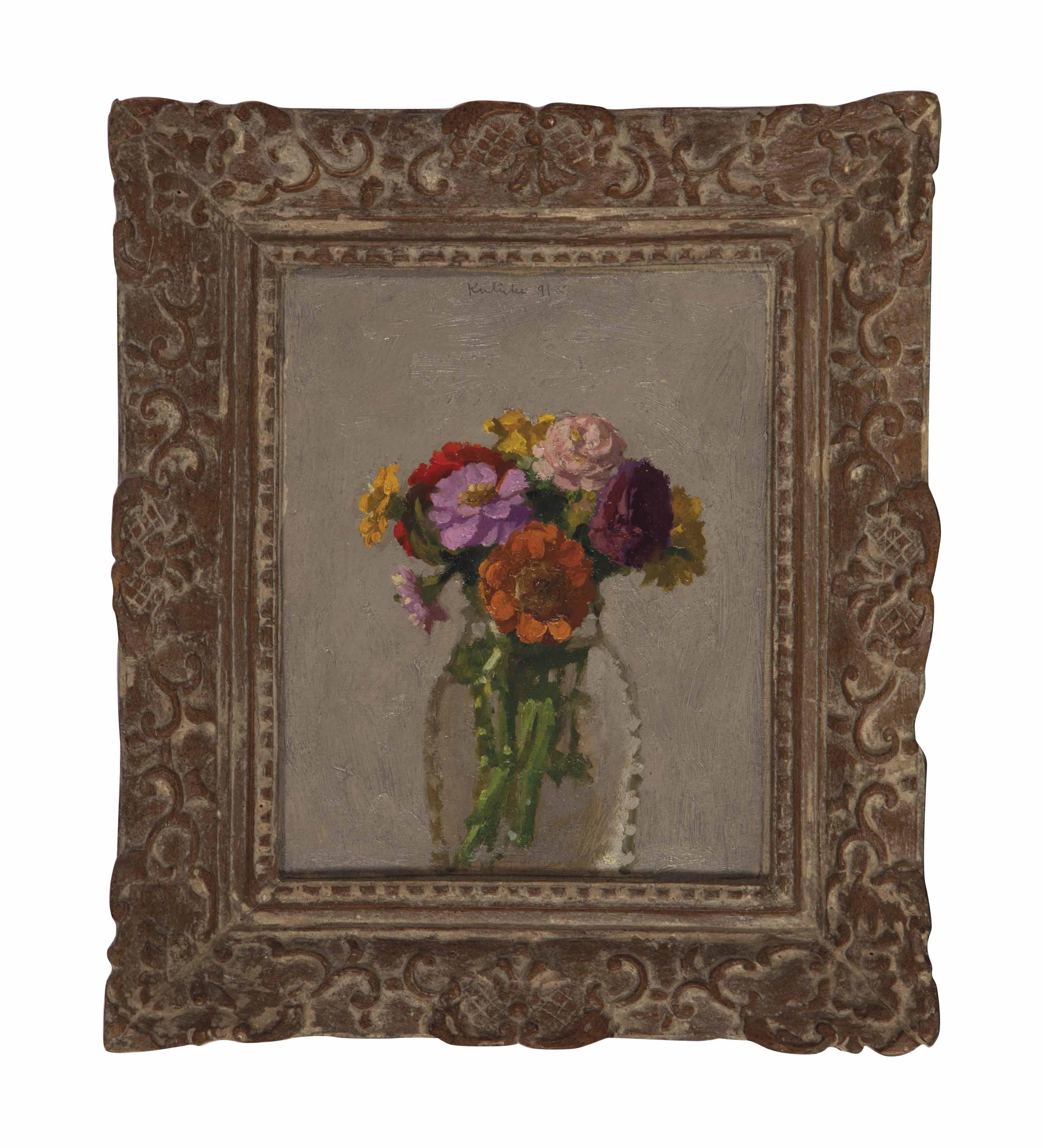 Robert Kulicke - Zinnias In A Glass Jar, On A Light Grey Background