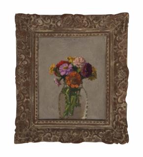 Robert Kulicke - Zinnias In A Glass Jar, On A Light Grey Background