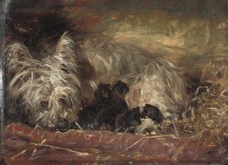 Robert L. Alexander - A terrier and puppies in a stable