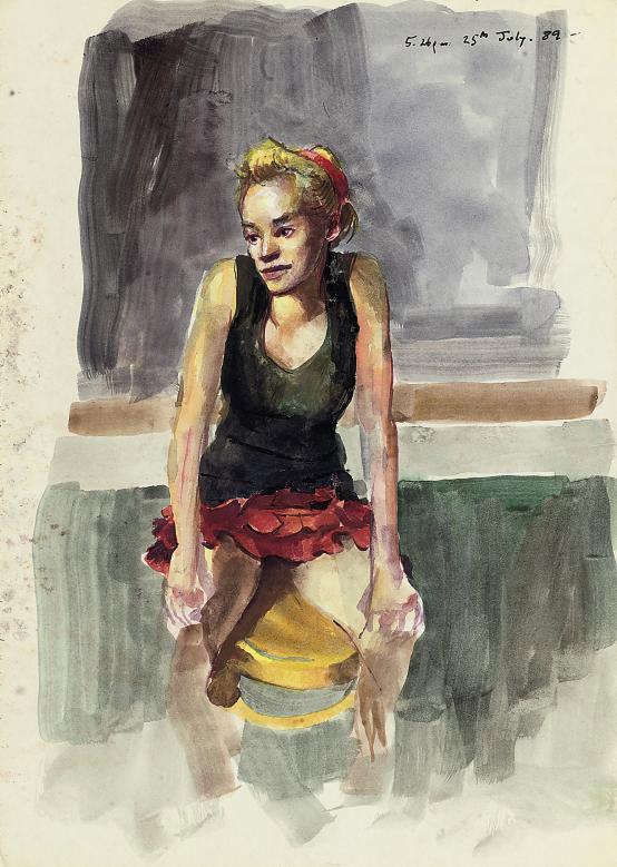 Robert Lenkiewicz - Portrait of a young girl, seated in a black vest and red skirt