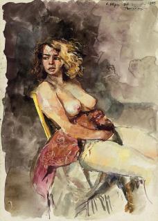 Robert Lenkiewicz - Seated nude with a crimson shawl