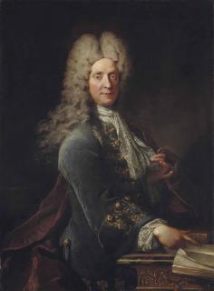 Robert Levrac-Tournières - Portrait Of A Gentleman, Three-Quarter-Length, In A Blue Velvet Jacket With Gold Frogging And A Purple Mantle, Gesturing Towards A Book On A Marble Table