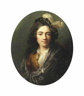 Robert Levrac-Tournieres - Portrait of Pierre de la Roche, bust-length, in an ochre jacket and a purple wrap, with a feathered cap