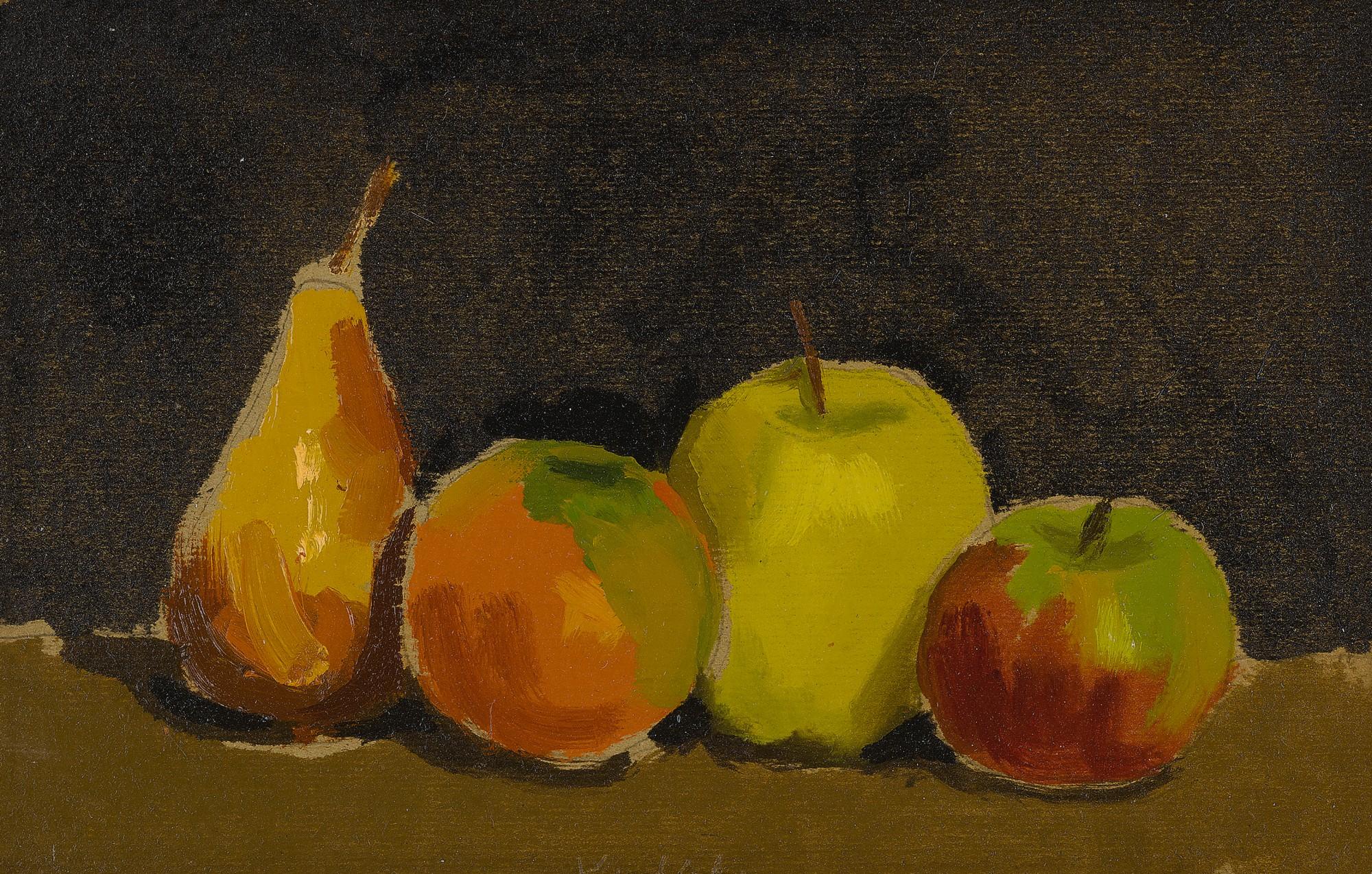 Robert M. Kulicke - Pear, Orange And Apple On A Black Background