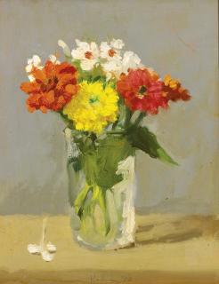 Robert M. Kulicke - Zinnias And White Flowers In A Glass