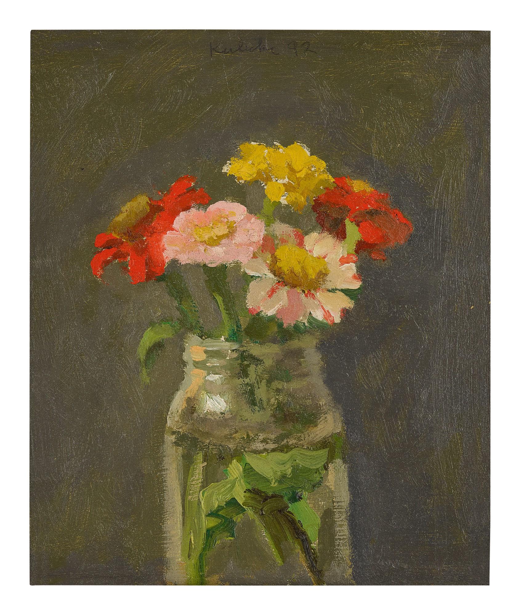 Robert M. Kulicke - Zinnias In Glass Jar On Dark Grey Background