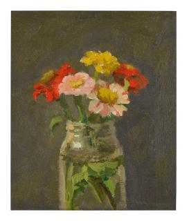 Robert M. Kulicke - Zinnias In Glass Jar On Dark Grey Background