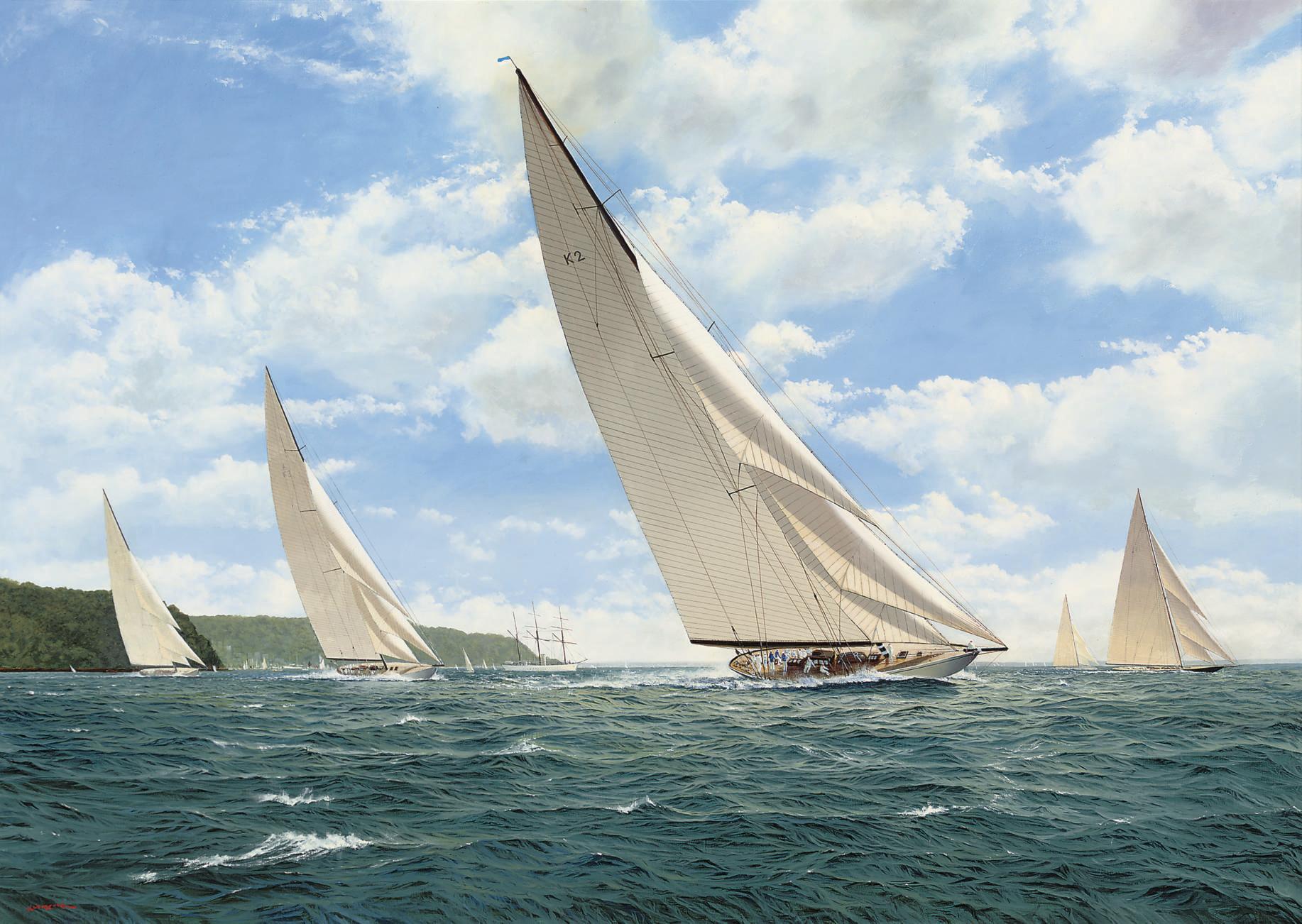 Robert Moore - Astra (K2) leading the pack, including Britannia (K1) and Shamrock V (K3), off Cowes, with Sir Thomas Lipton\'s steam yacht Erin anchored in the bay beyond