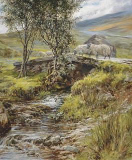 Robert Morley, R.B.A. - Sheep on a stone bridge