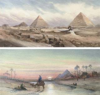 Robert Murdoch Wright - Before the Sphinx and the Pyramids at Giza; and Sunset before the Pyramids