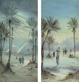 Robert Murdoch Wright - The pyramids by moonlight; and Watercarriers at the oasis