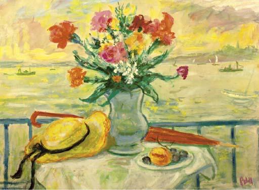 Robert Philipp - Flowers, a sun hat and an umbrella with fruit on a table, a bay beyond