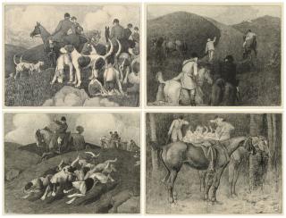 Robert Polhill Bevan - Four Hunting Scenes: The Meet; Found!; The Flying Pack; and Who-o-p!