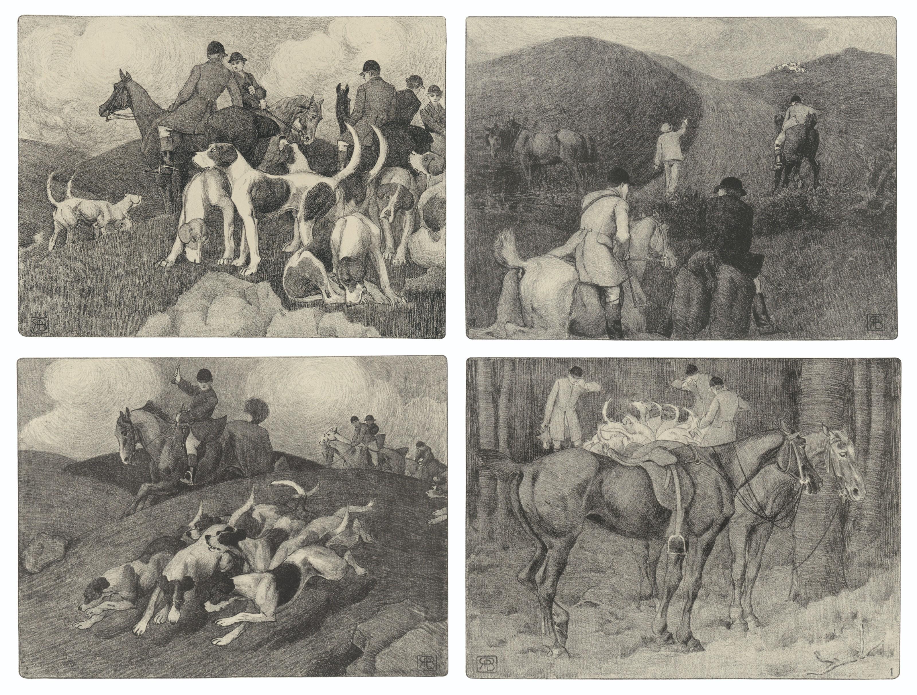 Robert Polhill Bevan - Four Hunting Scenes: The Meet; Found!; The Flying Pack; and Who-o-p!