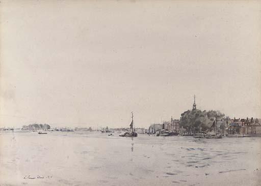 Robert Purvis Flint - Barges on a Dutch river estuary