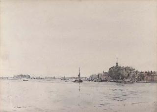 Robert Purvis Flint - Barges on a Dutch river estuary
