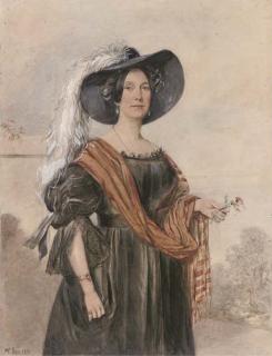 Robert Roland McIan - Portrait of the Hon. Miss Anne Murray of Claudhall, Chryston, three-quarter length, in a wide-brimmed hat