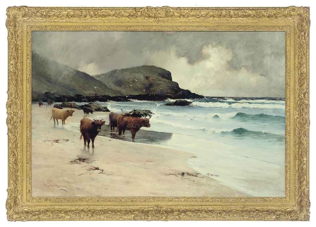 Robert Russell MacNee, R.G.I. - Highland cattle on a beach